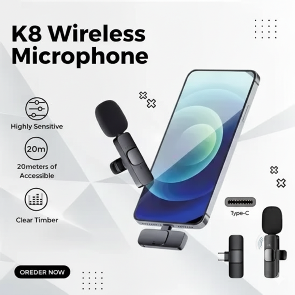 K8 Wireless Collar Microphone π€ Type-C Android & Iphone Supported | Noise Reduction | Vlogging, YouTube & Podcast Mic